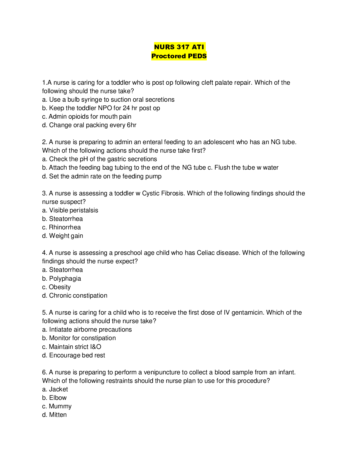 Preview image of NURS 317 ATI Proctored PEDS document